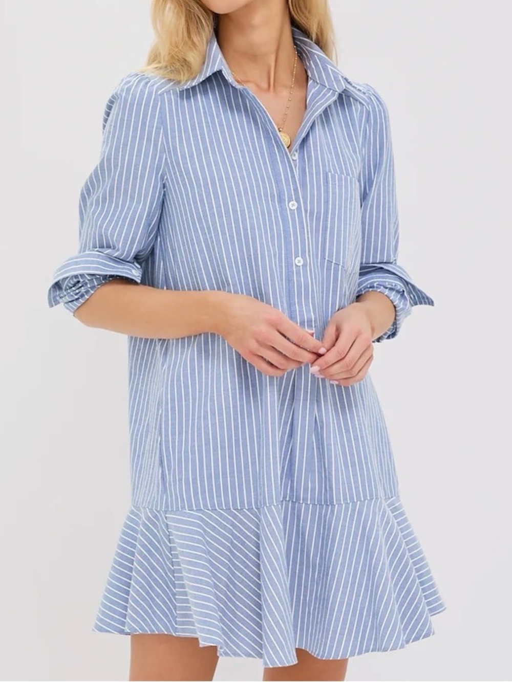 Tuckernuck Blue & White Striped Ruffle-Hem Shirt Dress - LIKE NEW!!
